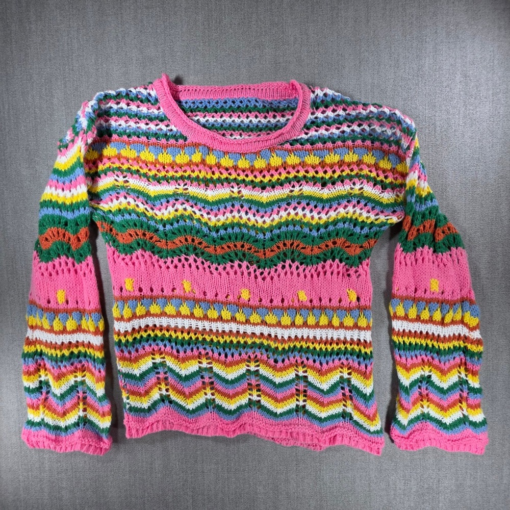Unbranded Crochet Knit Sweater Womens L Multi Color Chevron Open Knit‎ Pointelle